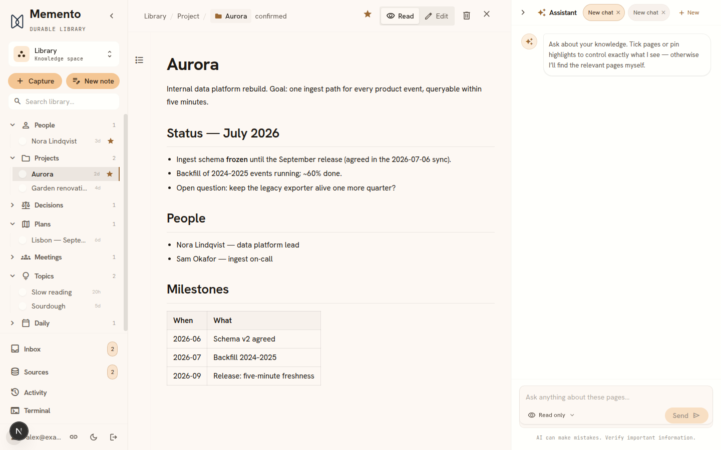 The Memento app: library sidebar with categorized pages, an open project page, and the assistant pane
